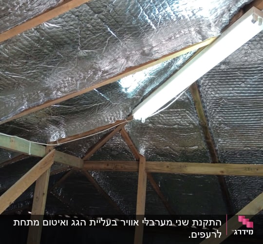 גג עם קורות עץ ובידוד מתכתי מבריק